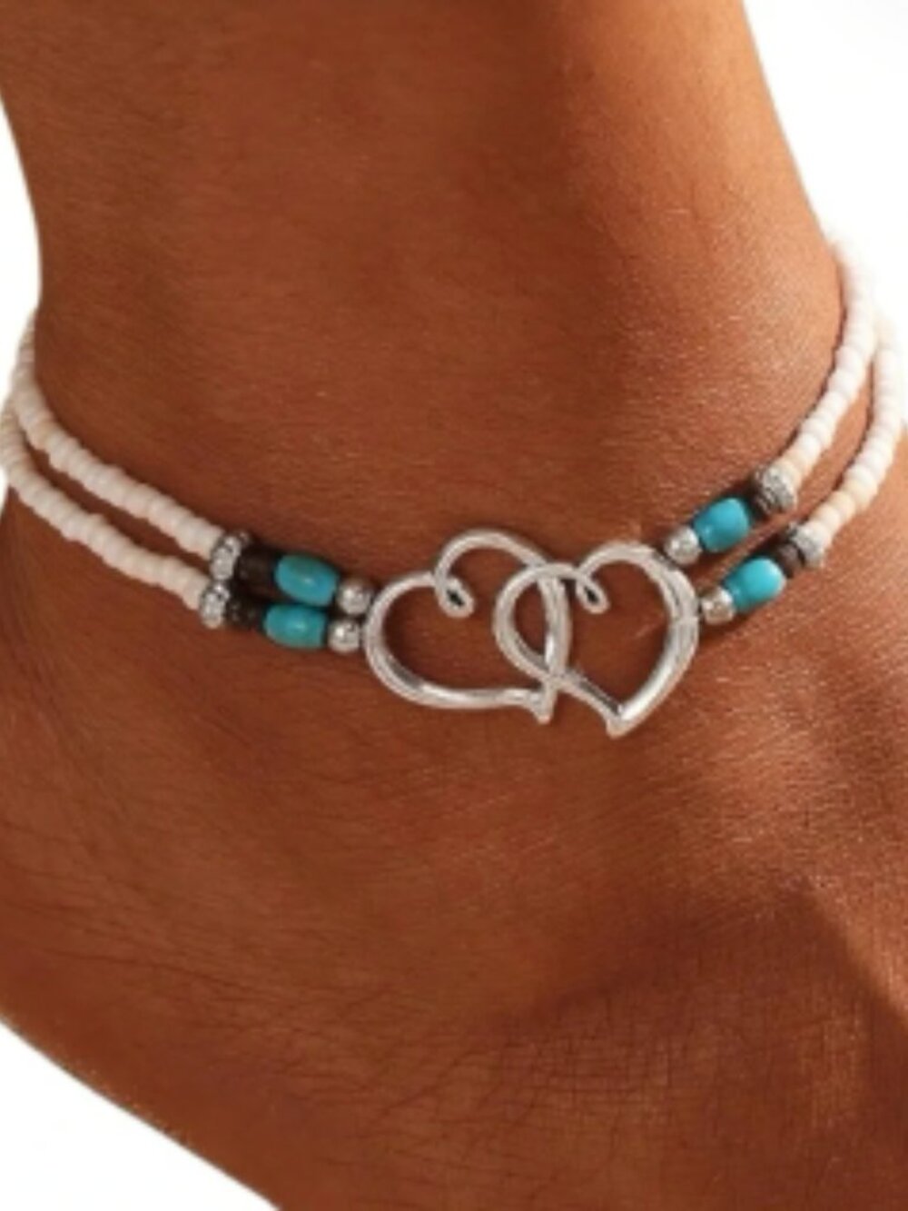Boho Chic Interlocking Hearts Beaded Anklet Bracelet Turquoise White Silver new